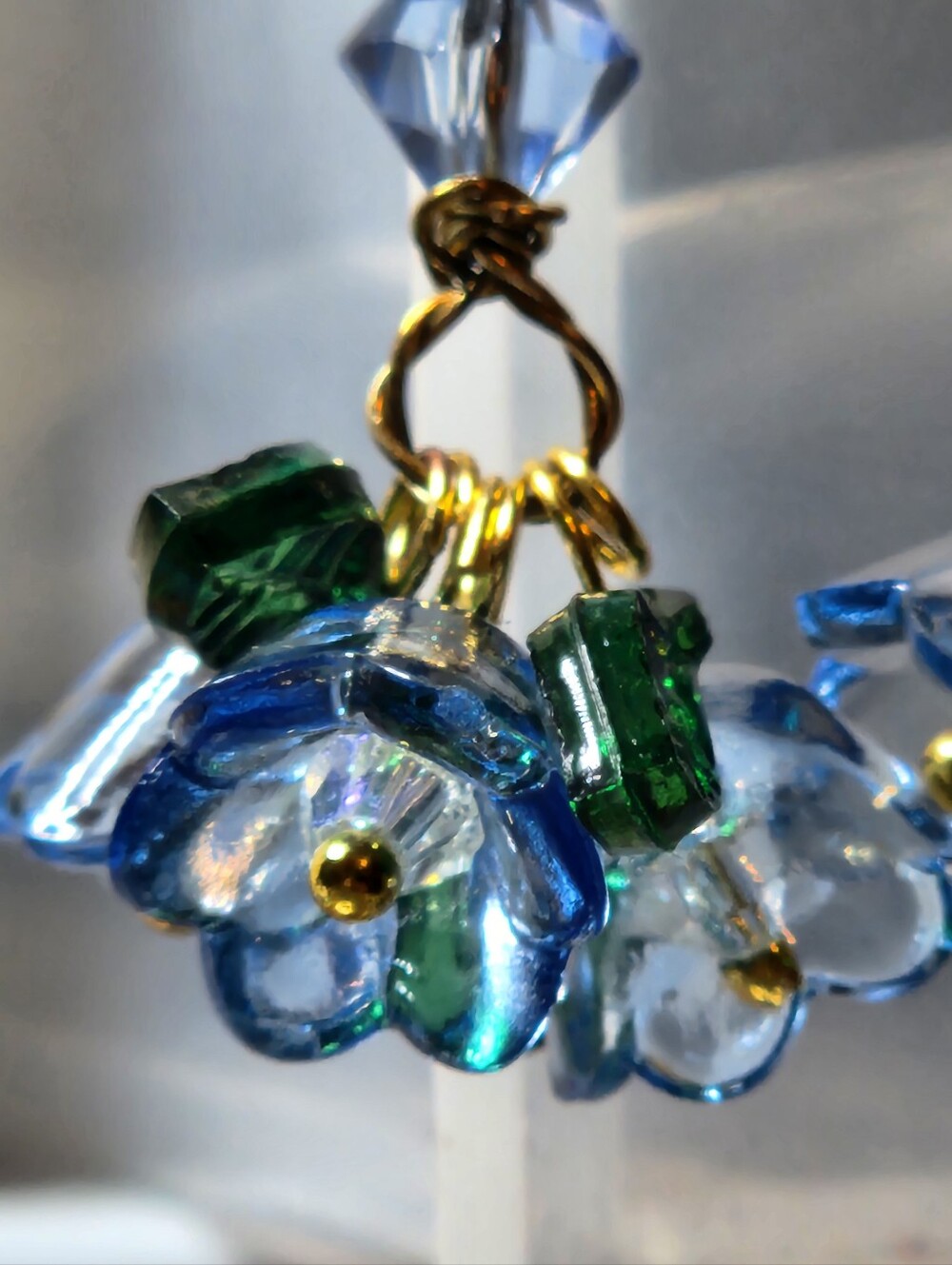 Handcrafted Blue Glass Flower Drop Earrings with Green Leaves - Picture 2 of 4